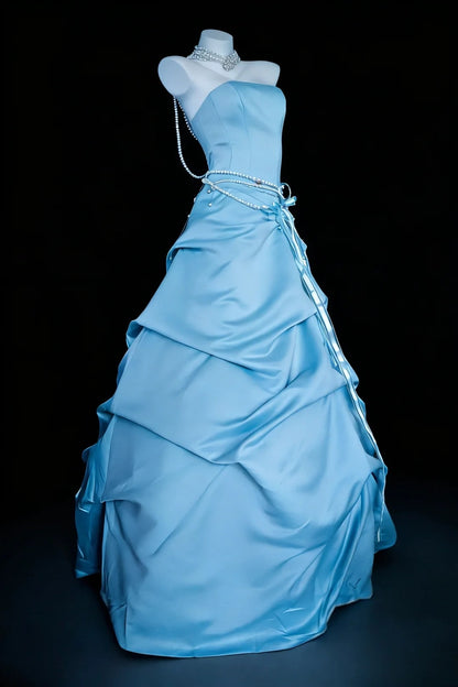 Modest Prom Dresses Ball Gown Strapless Blue Satin With Ruffled Long Quince Dress N3049