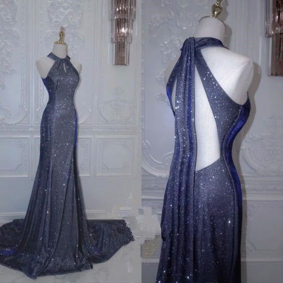 Meerjungfrauen-Halterkleid mit Pailletten, marineblau, langes Abendkleid, formelles Kleid AB1691