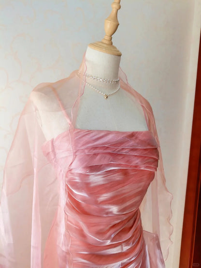 Vintage Prom Dresses 80s Mermaid Spaghetti Straps Pink Irregular Hem Tea Length Formal Outfits RB4315