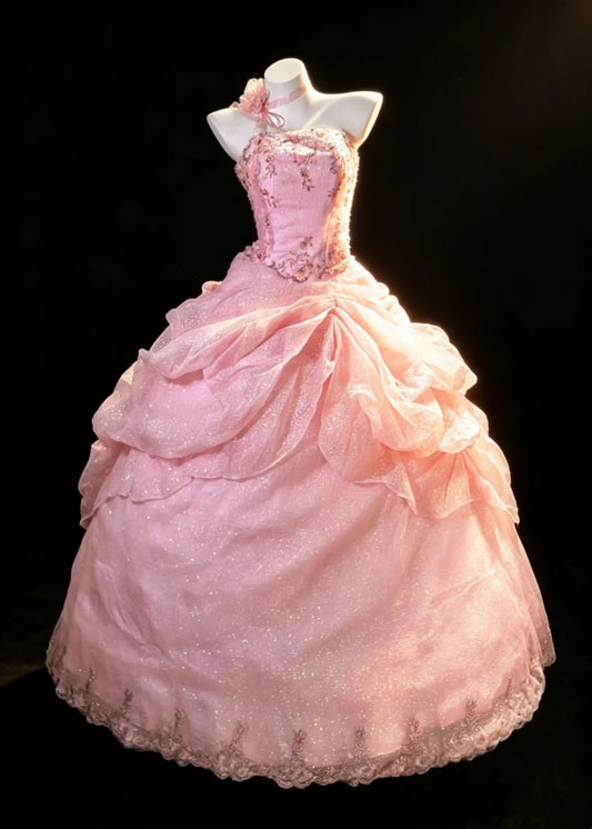 Sweet Ball Gown One Shoulder Pink Sequin Tiered Layers Sweet 16 Dresses Quinceanera Dress Long 15 Vestidos De Fiesta N4205