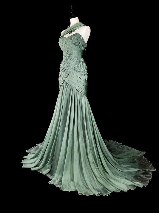Vintage Prom Dresses Aesthetic Mermaid One Shoulder Sage Green Chiffon With Appliques Long Formal Dress N2161