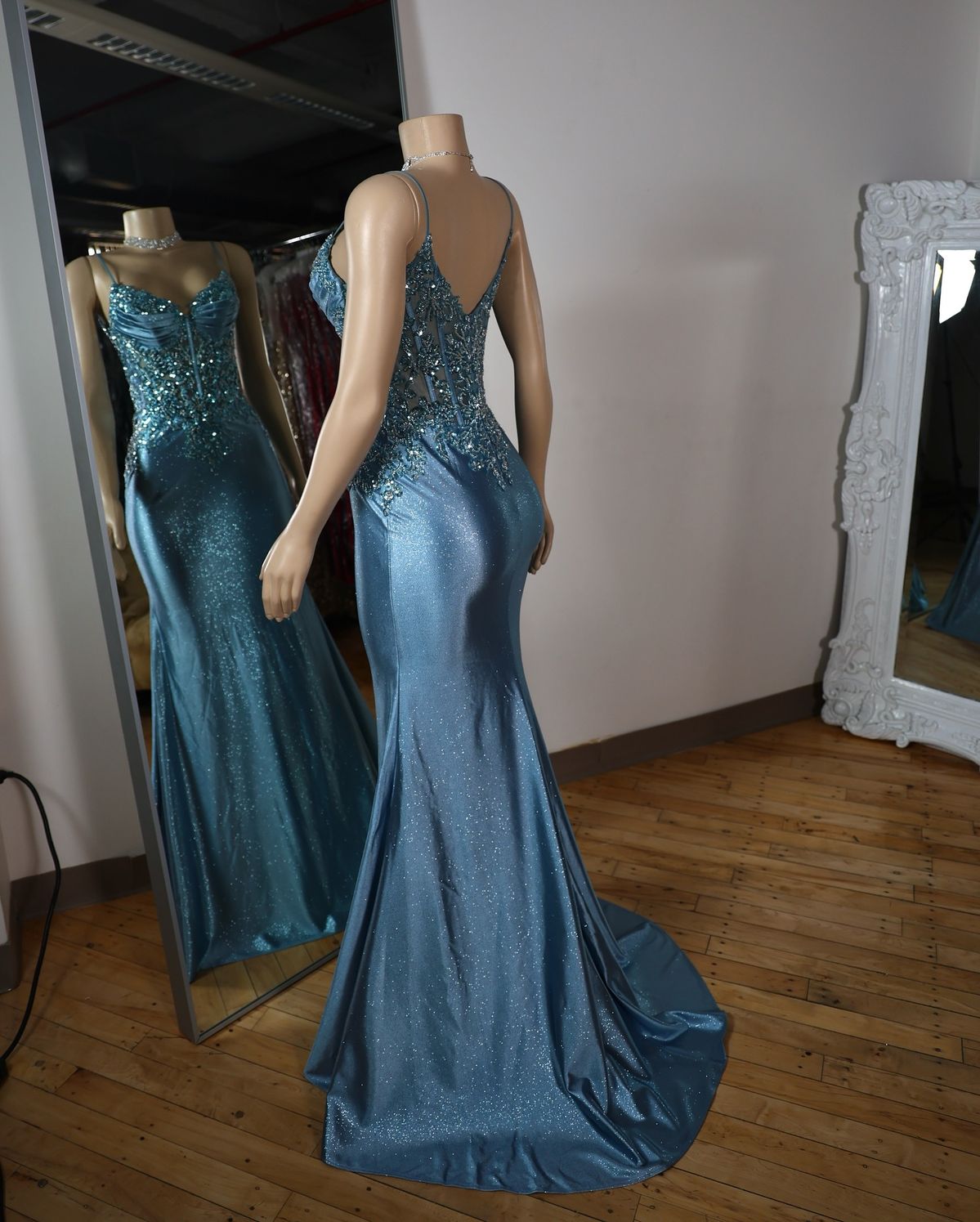 Blue Mermaid Spaghetti Straps Satin Long Appliques Prom Dress With Lace AB1682