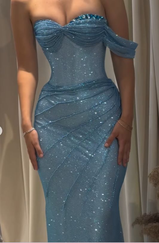 Traumhaftes Meerjungfrauen-Abendkleid im Etui-Stil, langes Ballkleid aus Mesh, blaues Abendkleid RB1668