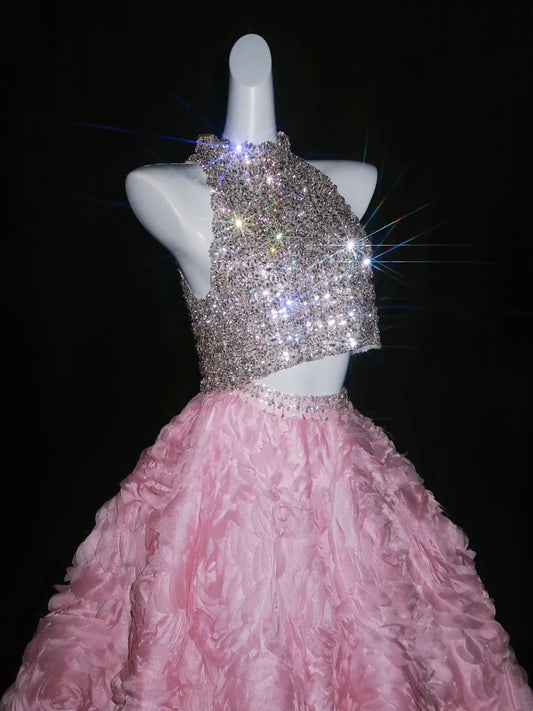 Princess Ball Gown 2 Pieces High Neck Silver Sequin Pink Floral Long Formal Evening Dress Formal 18th Birthday Gowns Prom Dresses N739