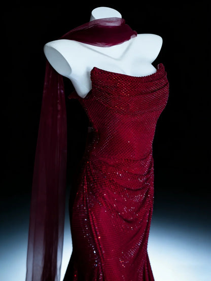 Belles Robes de Bal Sirène bustier bordeaux pailletée avec écharpe Longue Robe de Soirée N3046
