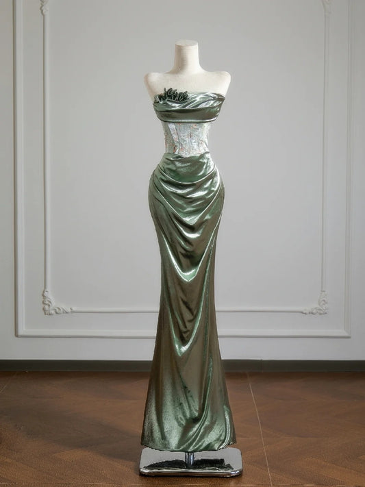 Robe de bal longue sirène romantique sans bretelles vert sauge à volants, idéale pour un 18e anniversaire (N397)