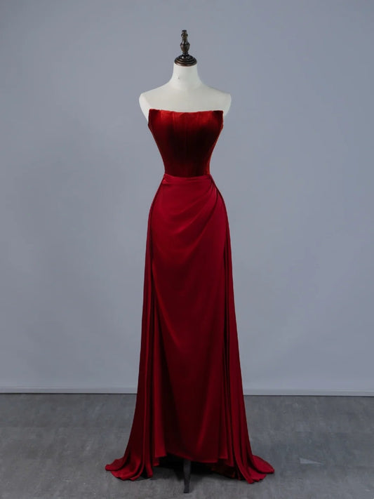 Modest Mermaid Strapless Wine Red With Ruffle Bodice Long Prom Dresses Night Formal Dresses N594