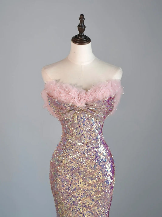 Modest Mermaid Sweetheart Pink Sequin Long Prom Dresses Night Semi Formal Dresses N686