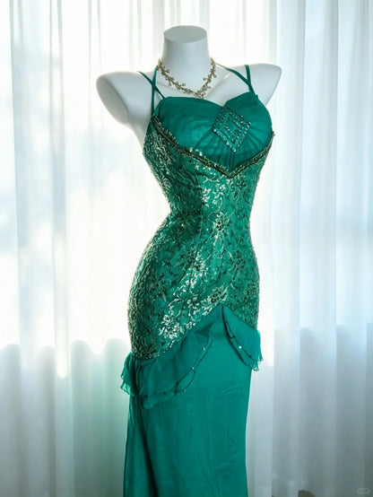 Elegantes Meerjungfrau-Spaghettiträgerkleid Grün mit Pailletten, elegantes Outfit zum 18. Geburtstag, formelle Ballkleider N4186