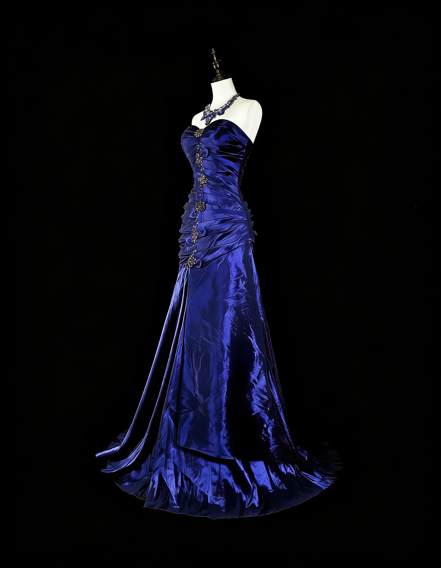 Vintage Meerjungfrauen-Abendkleid aus königsblauem Satin im Stil der 80er Jahre, formelles Geburtstagskleid, langes Ballkleid N1756