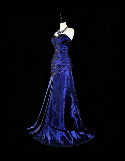 Vintage Meerjungfrauen-Abendkleid aus königsblauem Satin im Stil der 80er Jahre, formelles Geburtstagskleid, langes Ballkleid N1756