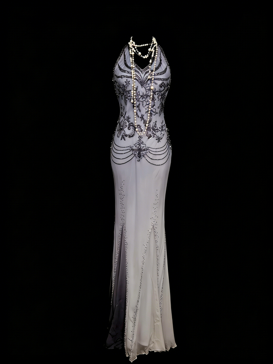 Robe de soirée sirène vintage à fines bretelles, style années 80, 70, 90, grise, longue, idéale pour les bals de fin d'année ou les remises de diplômes (N1144)