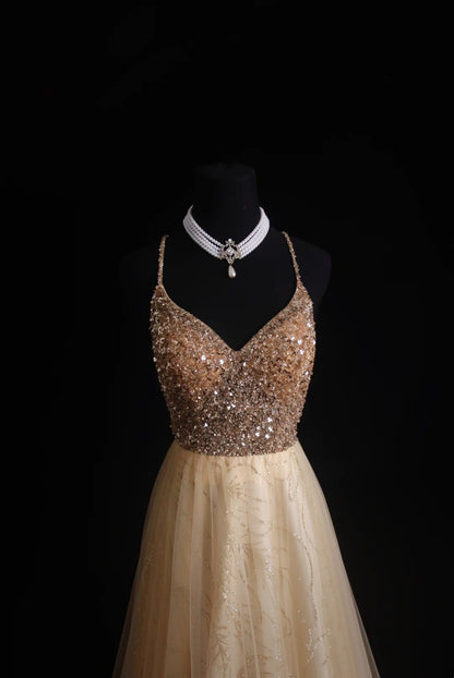 Retro-A-Linien-Kleid mit Spaghettiträgern, Tüll- und Perlenbesatz am Oberteil, langes Ballkleid im Stil der 1950er Jahre, Inspiration für Outfits zum 18. Geburtstag, formelles Kleid N495
