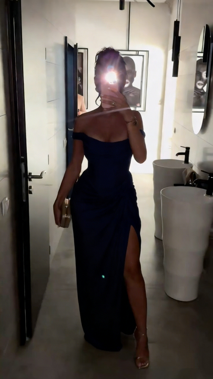 Robe de bal longue sirène sexy à épaules dénudées, sequins dorés fendus et perles, robe de soirée formelle N364