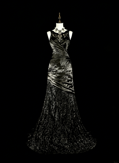 Vintage 1960s Boat Neck Sleeveless Satin Pleated Mermaid Long Prom Dresses N1574