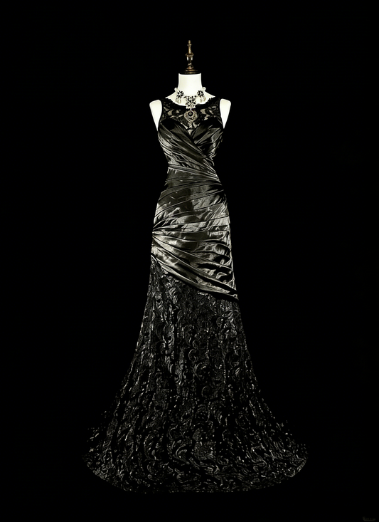 Vintage 1960s Boat Neck Sleeveless Satin Pleated Mermaid Long Prom Dresses N1574