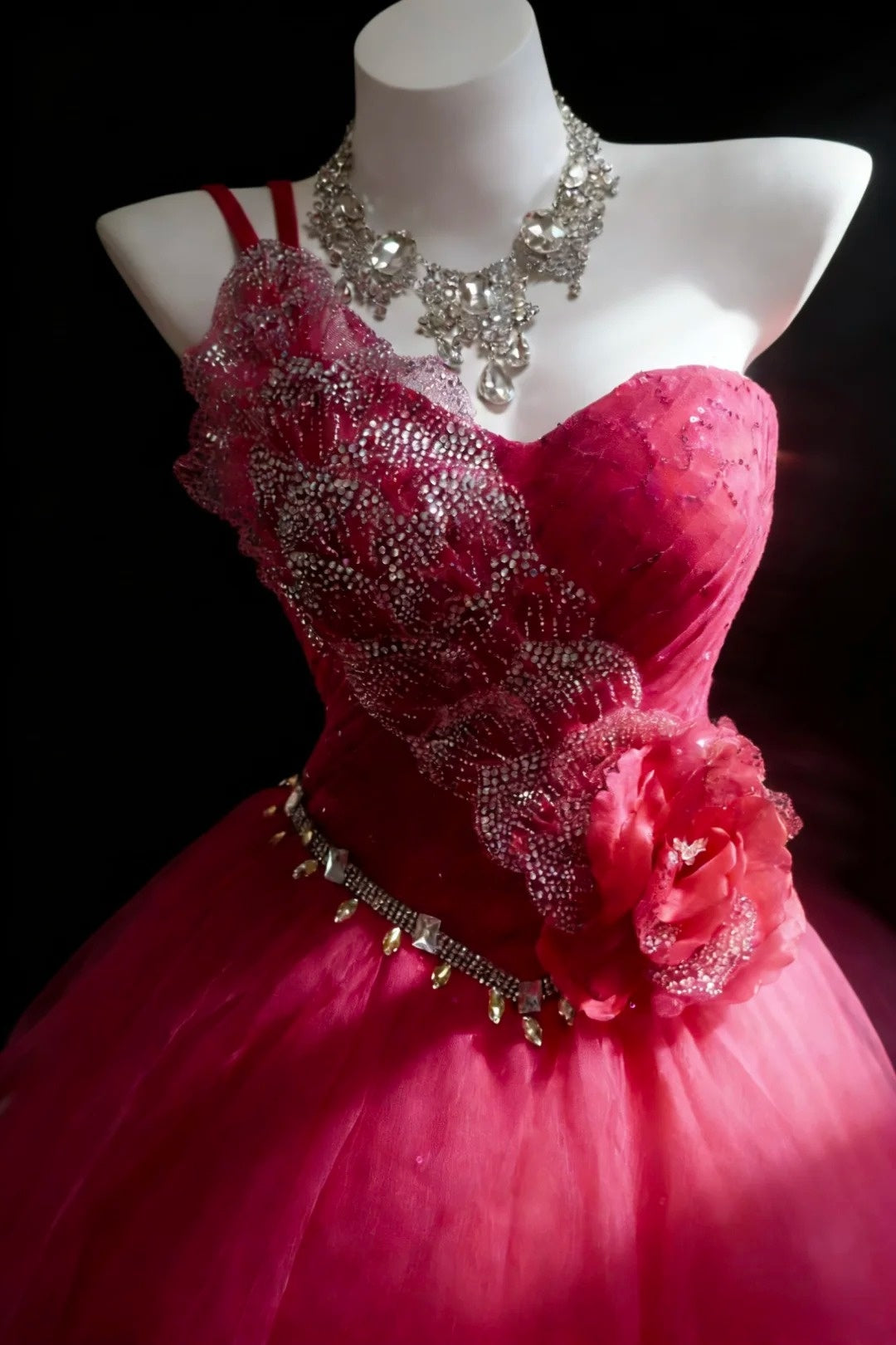 Hübsche Ballkleider Ballkleid One Shoulder Hot Pink Tüll Mit Perlen Langes Abendkleid N2955