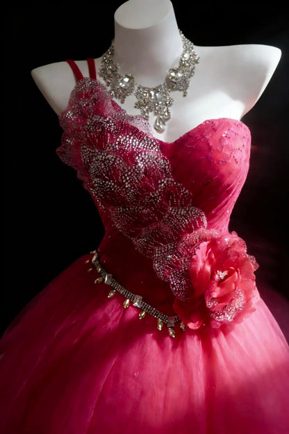 Hübsche Ballkleider Ballkleid One Shoulder Hot Pink Tüll Mit Perlen Langes Abendkleid N2955