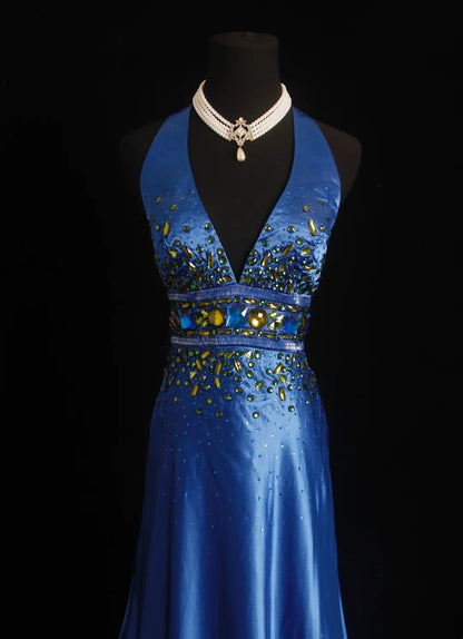 Vintage Prom Dresses Mermaid Royal Blue V Neck With Gold Beaded 80s Evening Formal Dress RB3274