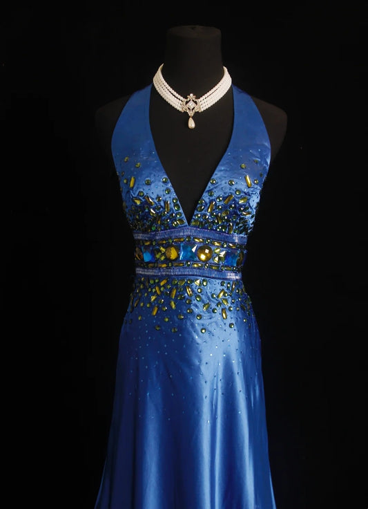 Vintage Prom Dresses Mermaid Royal Blue V Neck With Gold Beaded 80s Evening Formal Dress RB3274