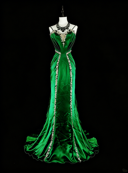 Vintage Meerjungfrauen-Kleid mit Spaghettiträgern, grünem Satin, rückenfrei, langes Abendkleid, formelles Kleid für den 18. Geburtstag, Abschlussball, N1750