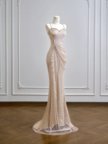 Robe de bal longue sirène à fines bretelles et sequins champagne, style modeste, idéale pour un 18e anniversaire ou une soirée élégante (N385)