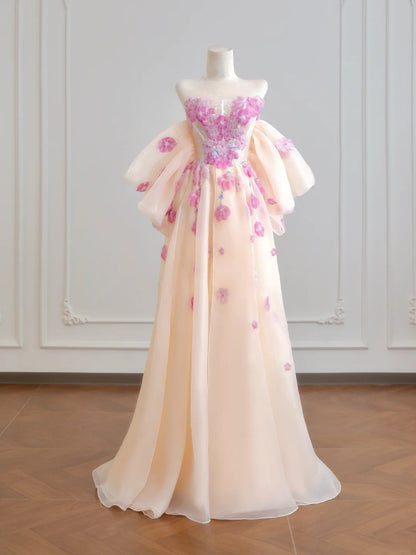 Prinzessinnen-Ballkleid, trägerlos, champagnerfarbener Tüll mit Spitze, langes Abendkleid, Inspiration für Partykleider N309