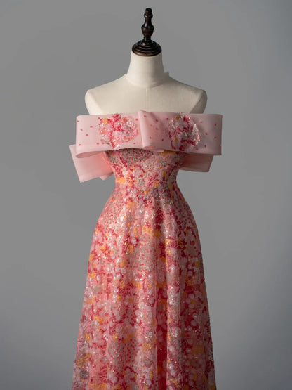 Elegantes, schulterfreies, pinkfarbenes Paillettenkleid in A-Linie – langes Ballkleid für Teenager (N1170)