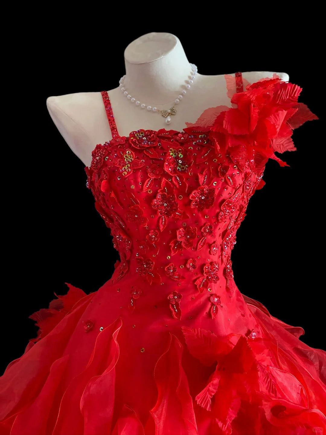 Princess Ball Gown Spaghetti Straps Red Long Lace Sweet 16 Dresses Seventeen Quince Dress RB4015