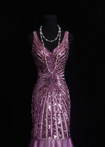 Vintage Prom Dresses Aesthetic 80er Retro Meerjungfrau V-Ausschnitt Flieder Pailletten Bodenlang Abendkleider N2330