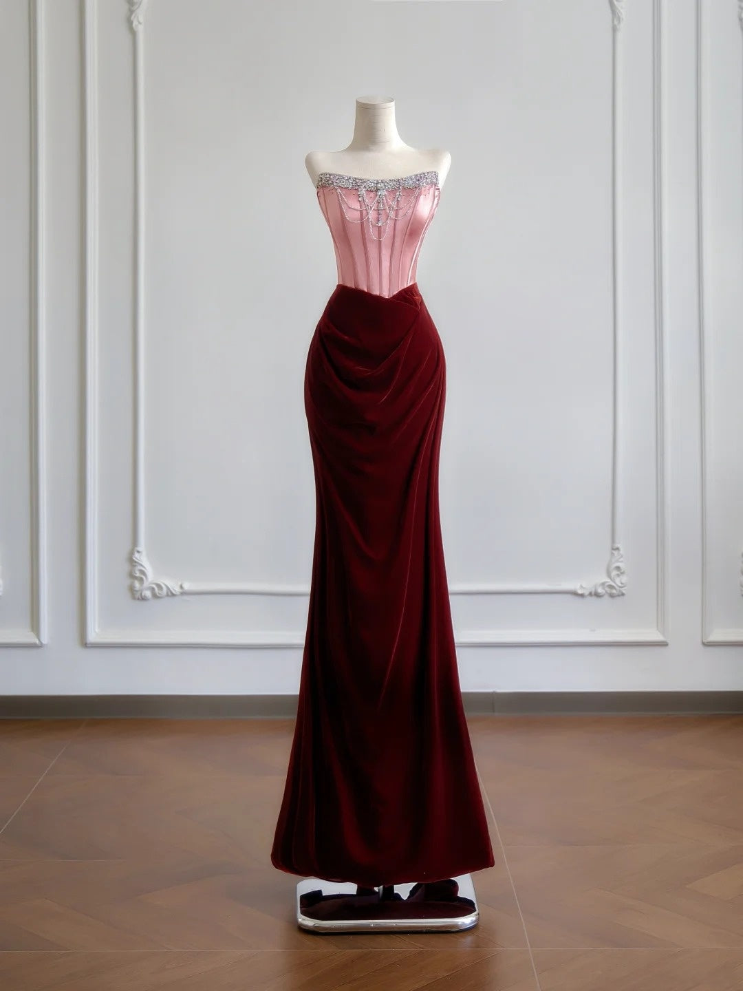 Romantisches Meerjungfrauen-Kleid, trägerlos, rosafarbenes Top aus Satin und burgunderrotem Samt, langes Ballkleid, beeindruckendes Outfit zum 18. Geburtstag, Partykleid N393