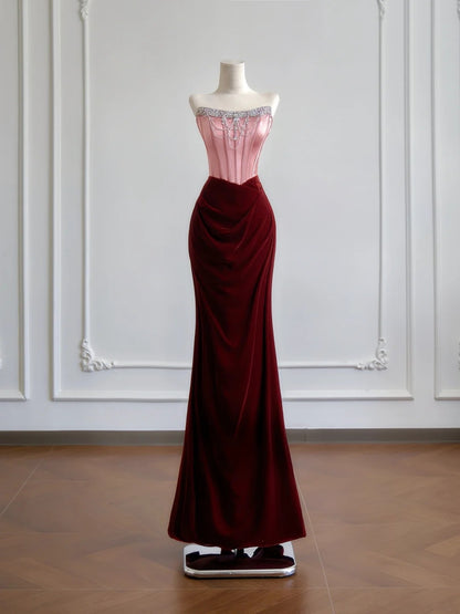 Romantisches Meerjungfrauen-Kleid, trägerlos, rosafarbenes Top aus Satin und burgunderrotem Samt, langes Ballkleid, beeindruckendes Outfit zum 18. Geburtstag, Partykleid N393