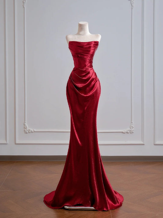 Robe de bal longue rouge satinée, bustier, style sirène romantique, idéale pour un 18e anniversaire (N392)