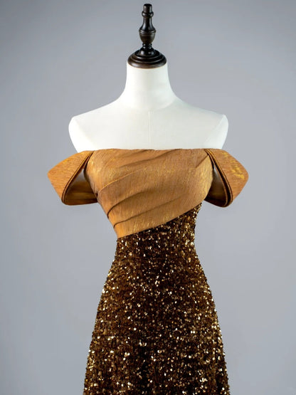 Robe de bal longue à sequins, coupe trapèze, épaules dénudées, style sage, idéale pour les jeunes filles (N1167)