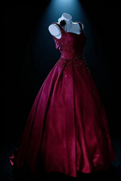 Bescheidene Ballkleider für den Abschlussball in Weinrot mit Perlen, langes Quinceañera-Kleid N2961