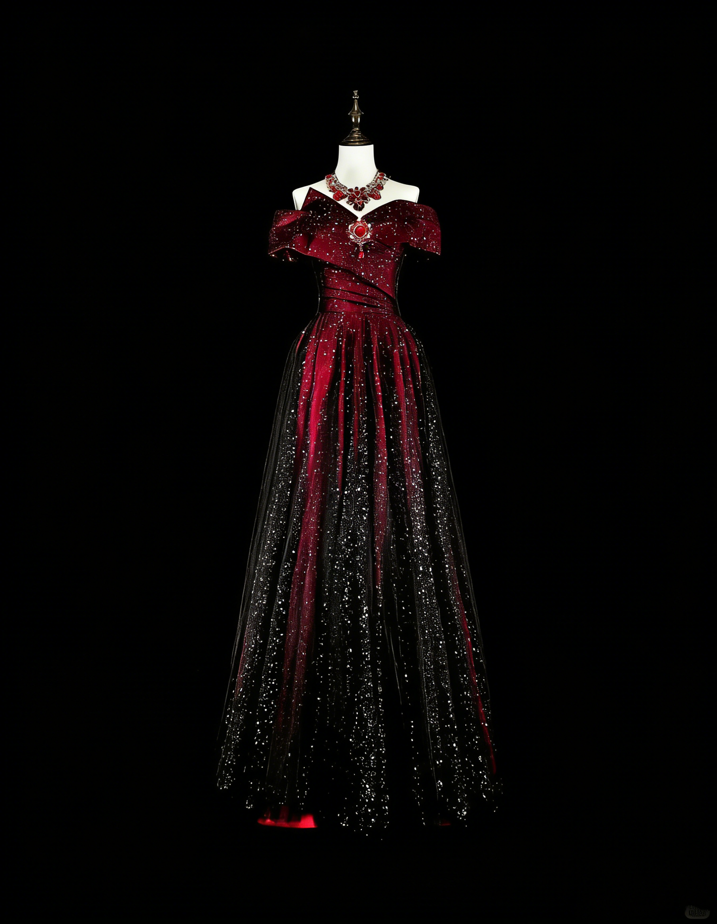 Robes de Bal Rêveuses Vintage Années 90 Rétro Épaules Dénudées Coupe Évasée Bordeaux Noir Longues Tenues de Soirée N2374