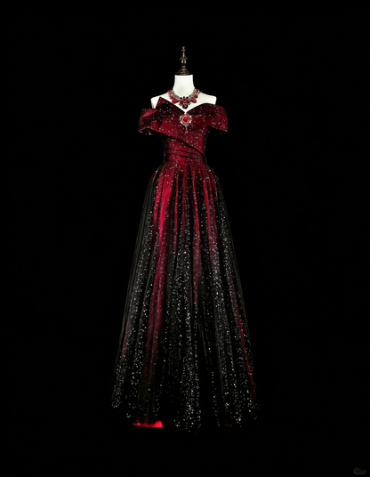 Robes de Bal Rêveuses Vintage Années 90 Rétro Épaules Dénudées Coupe Évasée Bordeaux Noir Longues Tenues de Soirée N2374