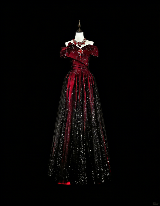 Dreamy Prom Dresses Vintage 90s Retro Off The Shoulder A line Burgundy Black Long Formal Outfits N2374