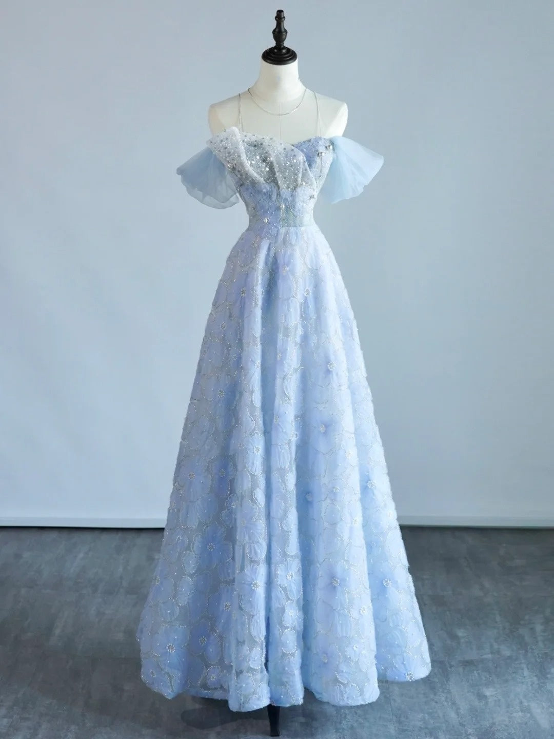 Robe de bal princesse épaules dénudées bleu ciel clair, tenue de soirée pour le lycée, robe de fin d'année pour adolescentes N1346