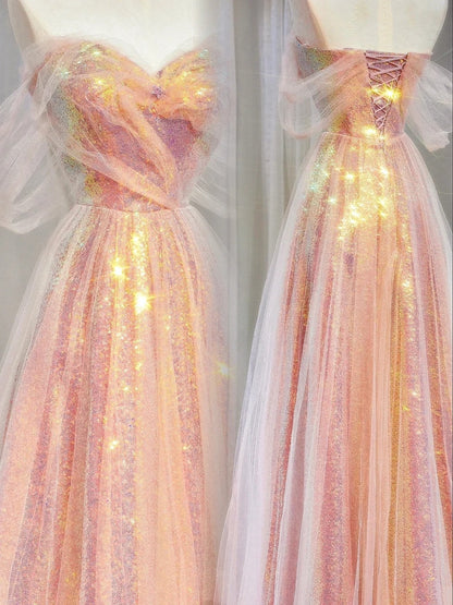 Wunderschönes, schulterfreies, pinkfarbenes Paillettenkleid in A-Linie mit kurzen Ärmeln, formelles Abendkleid, langes Ballkleid N721