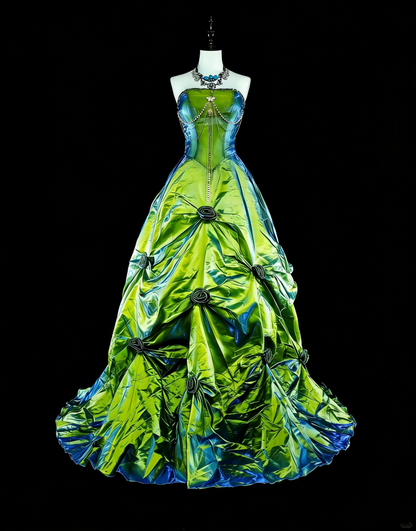 Vintage Ballkleid, trägerlos, grünem Taft mit Rüschen, 1980er Jahre langes Abendkleid N2714