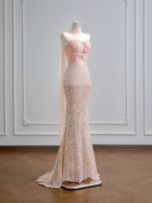 Sparkling Mermaid Sweetheart Champagne Pink Sequin Long Prom Dresses Impress 18th Birthday Outfits Party Gown N386