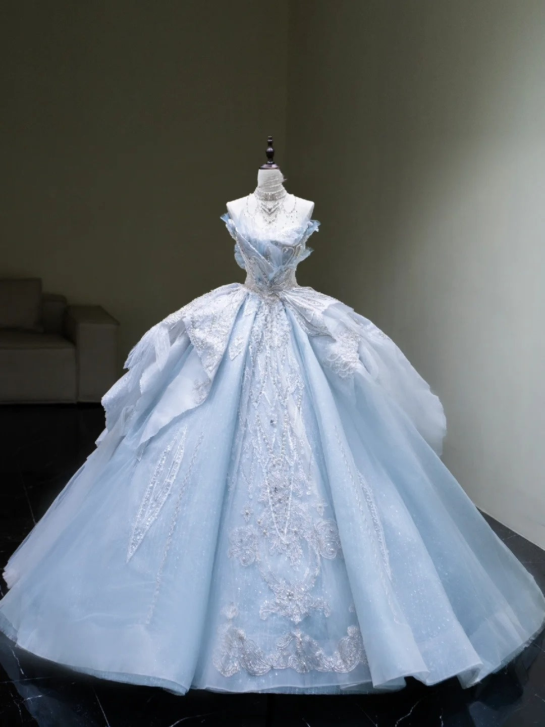 Robe de mariée princesse, robe de bal bustier en tulle bleu pailleté avec appliques, robe de mariée cintrée N642