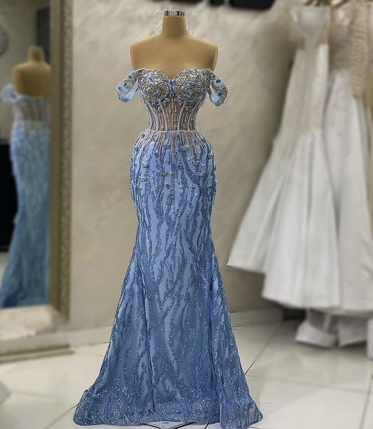 Robe de soirée sirène élégante ornée de perles de cristal, robe de bal à manches courtes et sequins bleus, robe de cérémonie AB1692