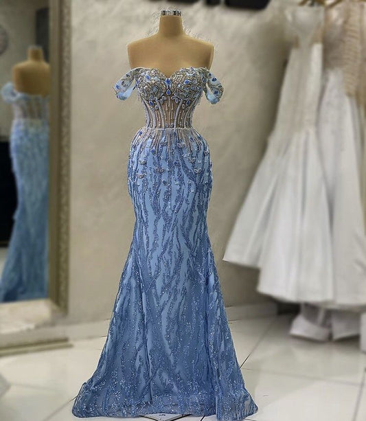 Elegant Crystal Beaded Mermaid Evening Dress Blue Sequined Capped Sleeve Prom Dresses Formal Dresses AB1692