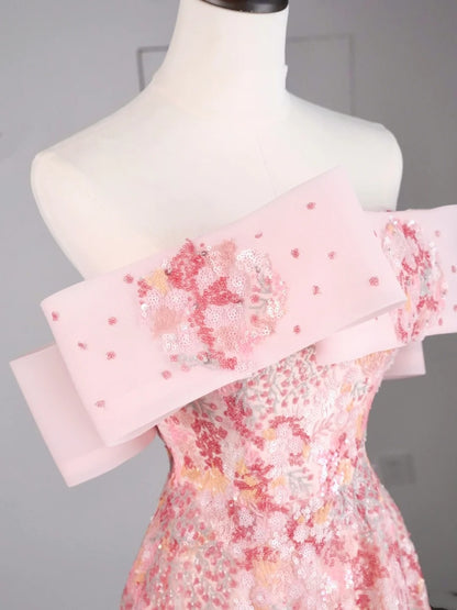 Elegantes, schulterfreies, langes, pinkfarbenes Pailletten-Abendkleid in A-Linie für Teenager, formelles Abendkleid N1079