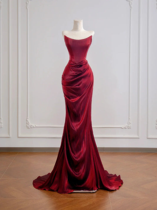 Robe de bal longue bordeaux sirène bustier à volants, idéale pour un 18e anniversaire (N396)