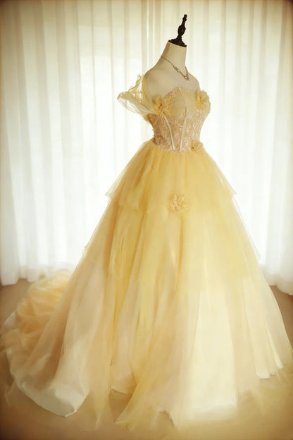 Modest Prom Dresses Ball Gown Off The Shoulder Yellow Tulle With Sleeves Long Quince Dress N2967