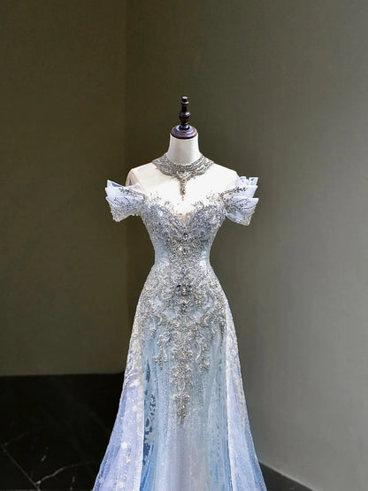 Robe de bal longue bleue à sequins, épaules dénudées, style sirène, inspiration robe de soirée RB1667