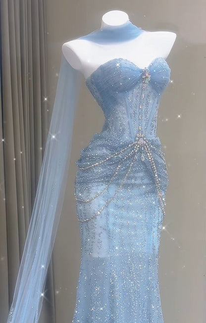 Robe de bal sirène bleue, décolleté cœur, tulle, longue robe de soirée formelle AB1664